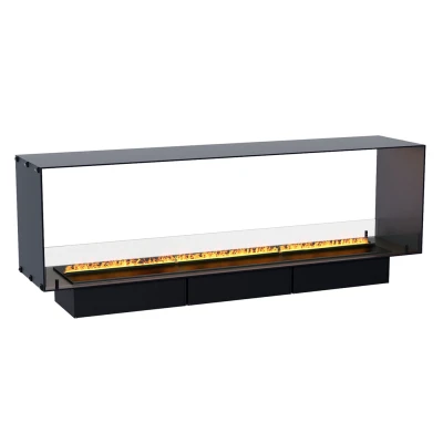 Foco Myst Two 1800 – Elegant hybridpejs til indbygning i væg Foco Myst Two 1800 – Gennemgående hybridpejs med flammeeffekt af vanddamp