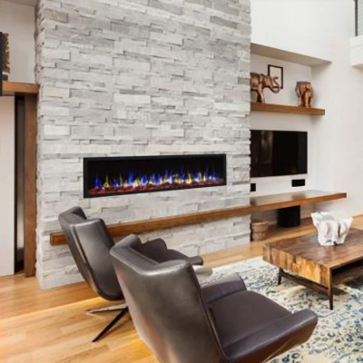 Elektrisk pejs Premier Aflamo Pride Slim elektrisk pejs på hvid baggrund, der fremhæver det slanke design og ultra-tynde profil